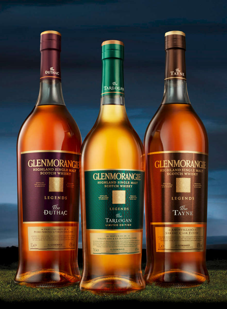 Bottles of Glenmorangie Duthac, Tarlogan and Tayne whisky