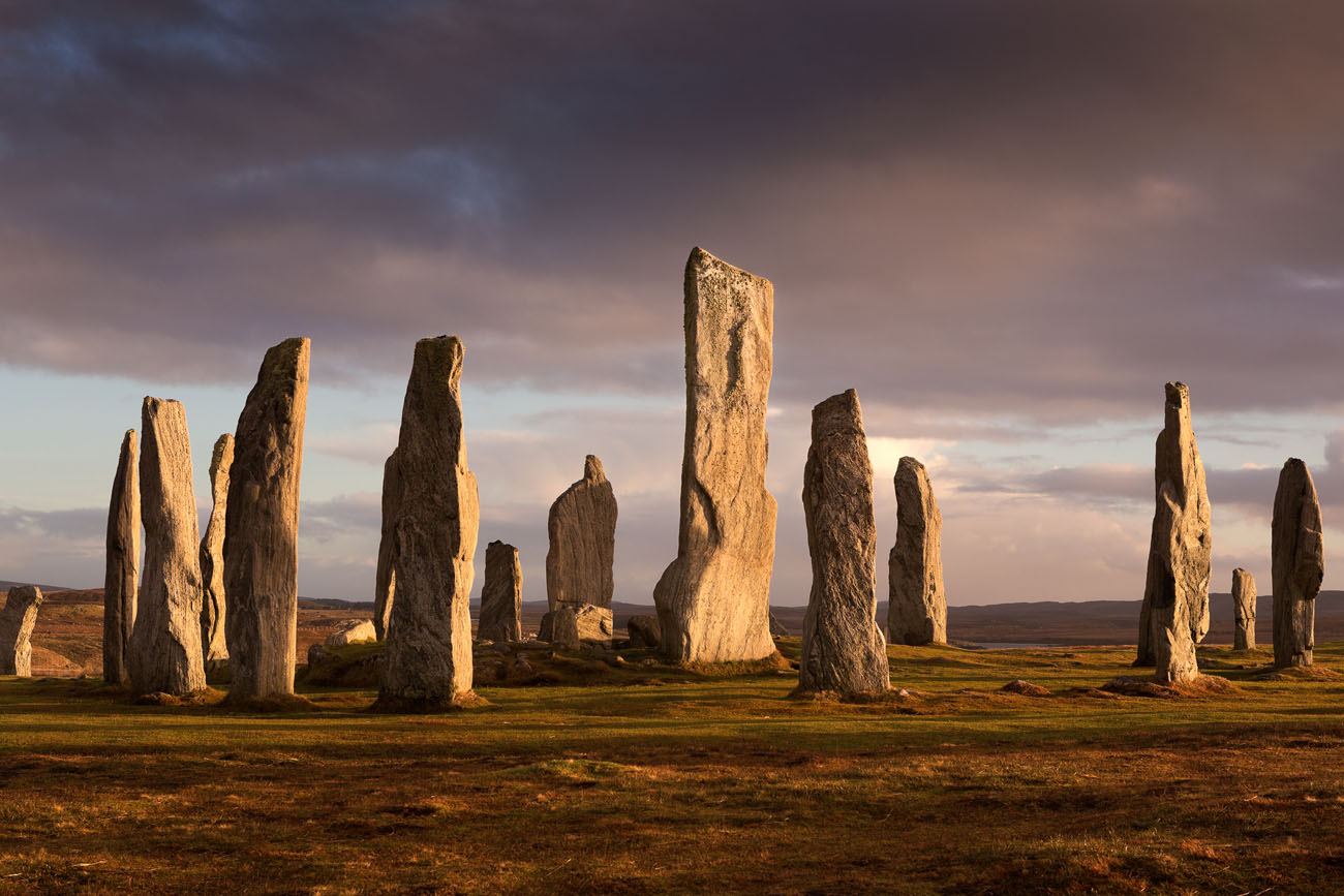 Calanais standing stones on the Isle of Lewis - outer Hebrides in a sunset