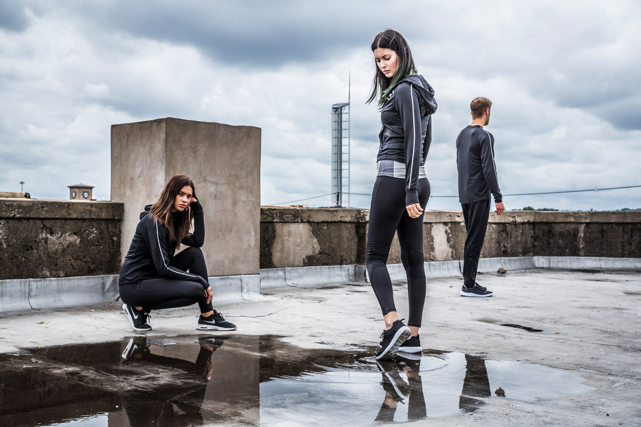  models wearing Tombo sportswear at SWG3 on the roof in Glasgow 