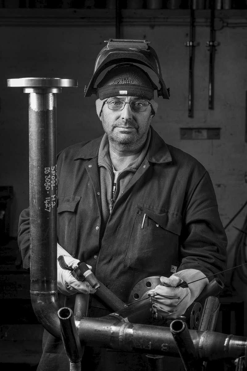 black and white portrait of industrial factory worker
