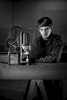 black and white portrait of industrial factory worker