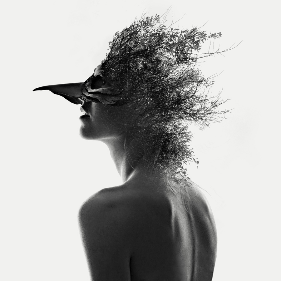double exposure nude of a woman wearing a bird mask with branches for hair