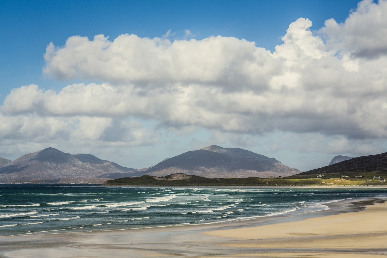 Isle of Harris Landscape of Luskentyre beach on a sunny day with Clisham in the background