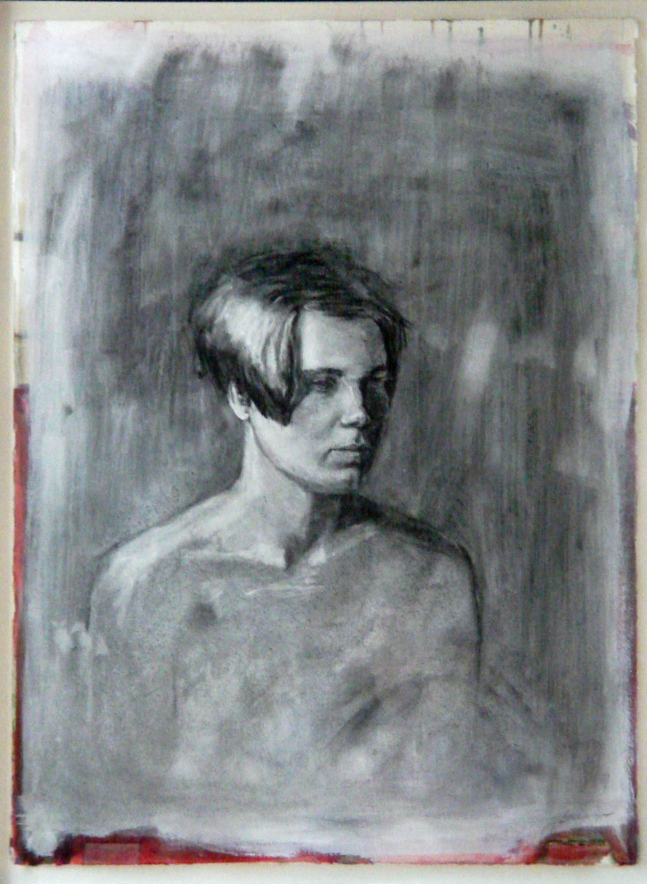 charcoal portrait drawing of a young woman on gessoed and painted paper, 32{quote}x18{quote}
