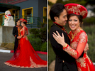 A portrait captures a Vietnamese wedding couple in San Francisco, standing in front of a colorful mural. The bride is dressed in a traditional red ao dai with intricate gold embroidery, and wears a matching headpiece. The groom is dressed in a black suit with a white shirt and a red tie. They hold hands and smile at each other, with the vibrant mural and cityscape creating a lively and festive atmosphere in the background. The image showcases the couple's cultural heritage and their celebration of love in a dynamic and modern city.