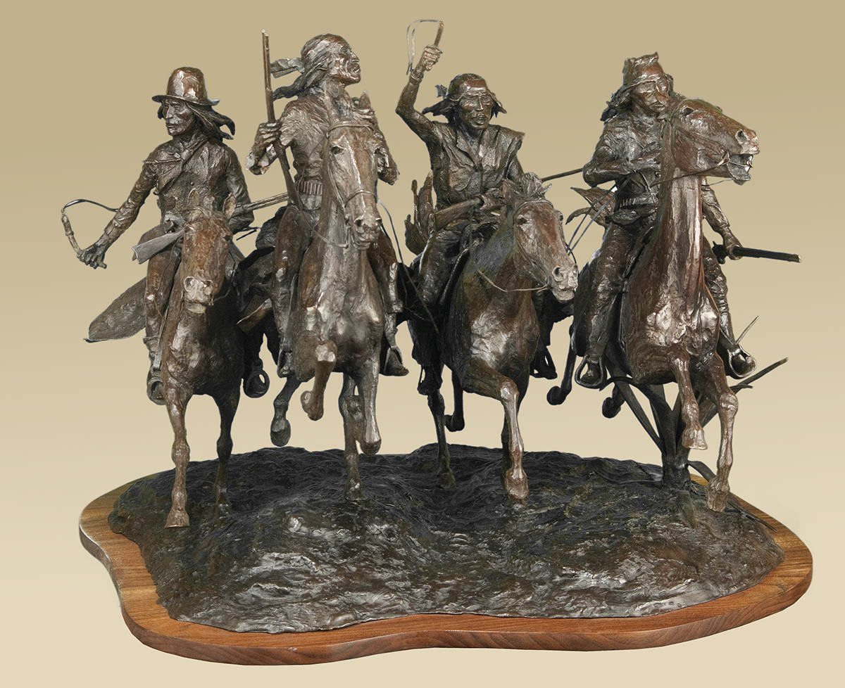 Apache warriors on horseback, bronze sculpture by western artist Ernest Berke