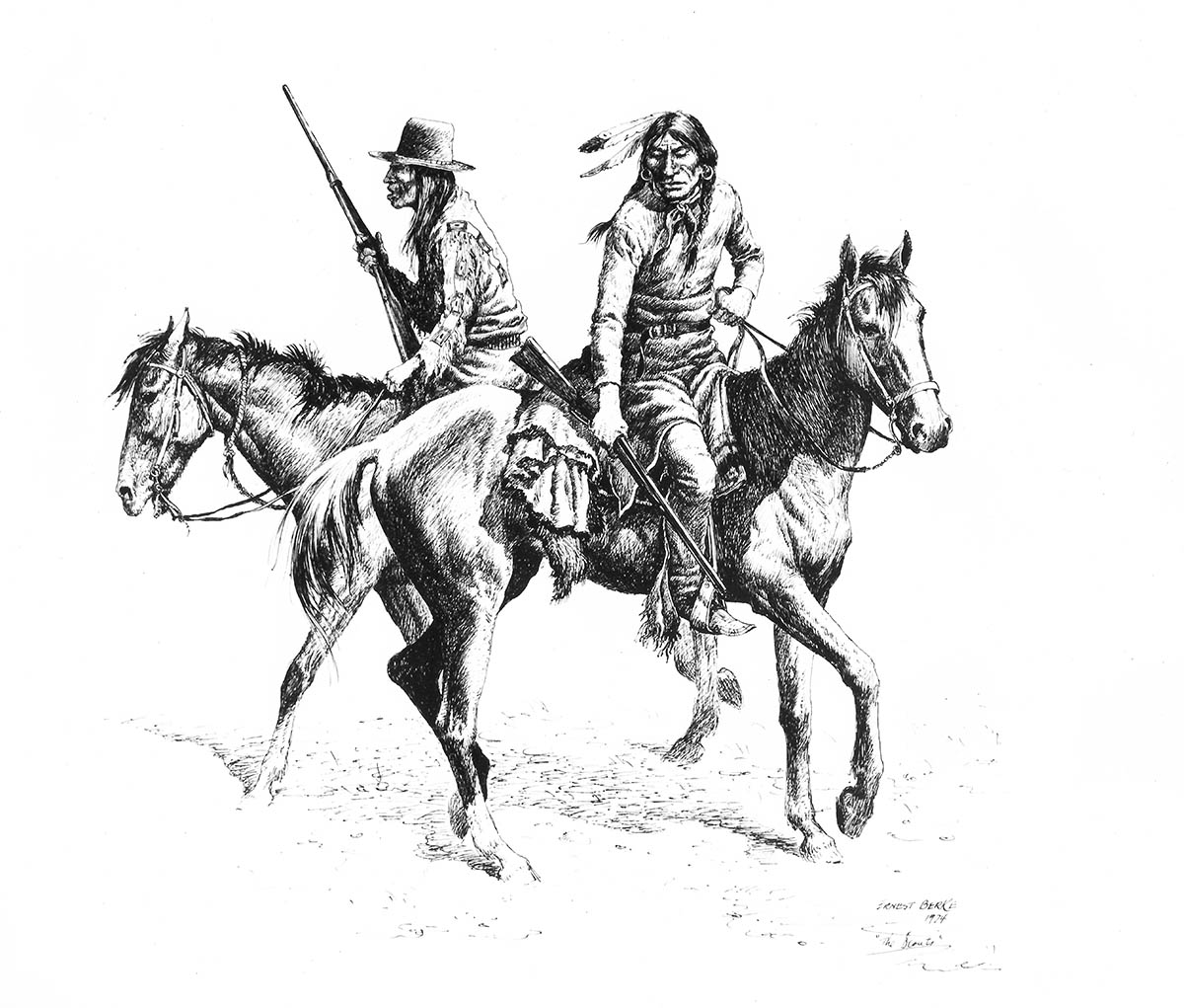 Two mounted Indian trackers looking for signs of men on horseback who might have passed by earlier.