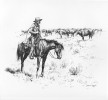 Depiction of a mounted cowboy watcing over a herd of cattle.