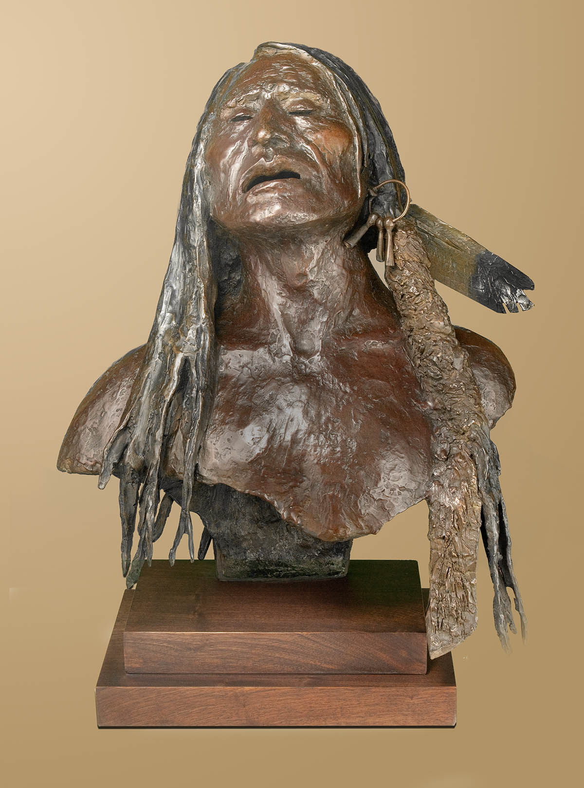 life size bronze bust, singing Lakota warrior, singing Sioux by western artist Ernest Berke