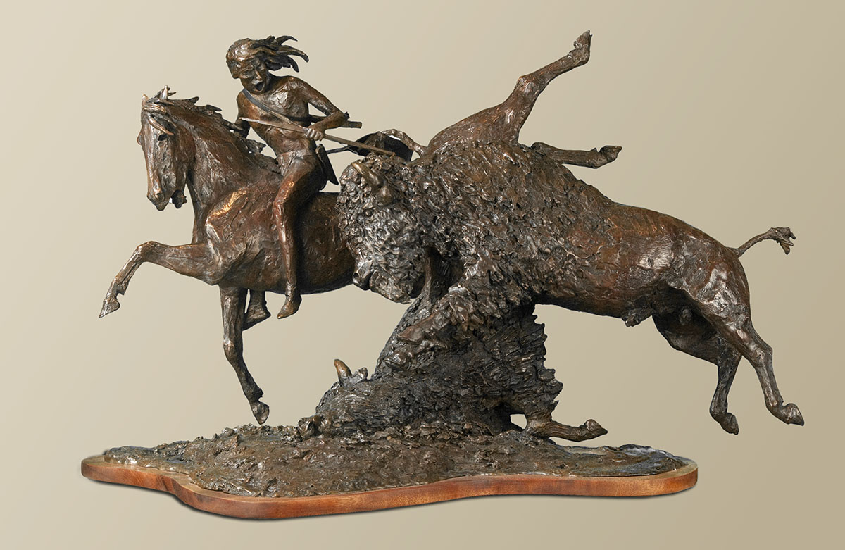 Buffalo hunt bronze sculpture, by western artist Ernest Berke