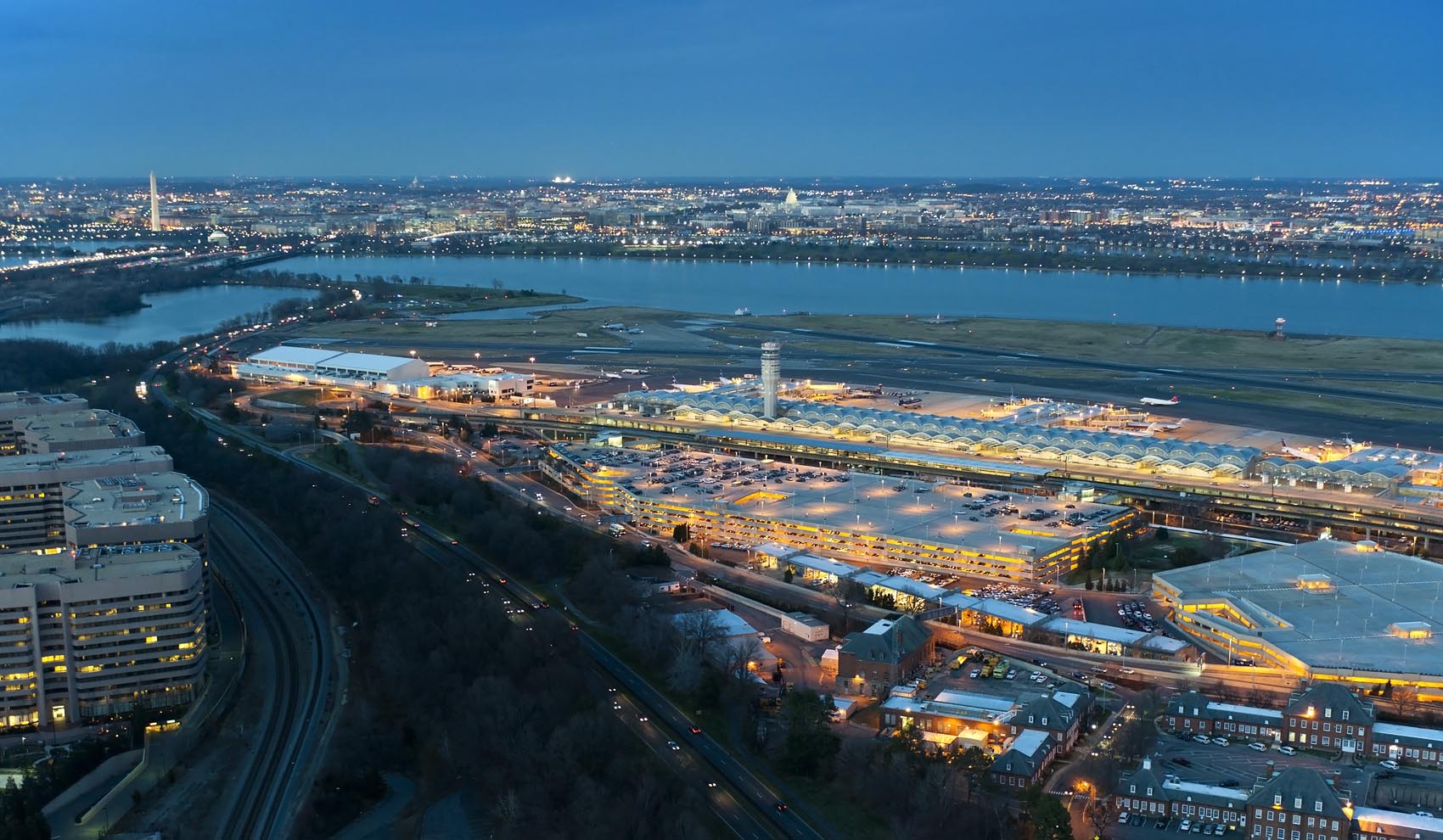 Washington National Airport twilight aerial image