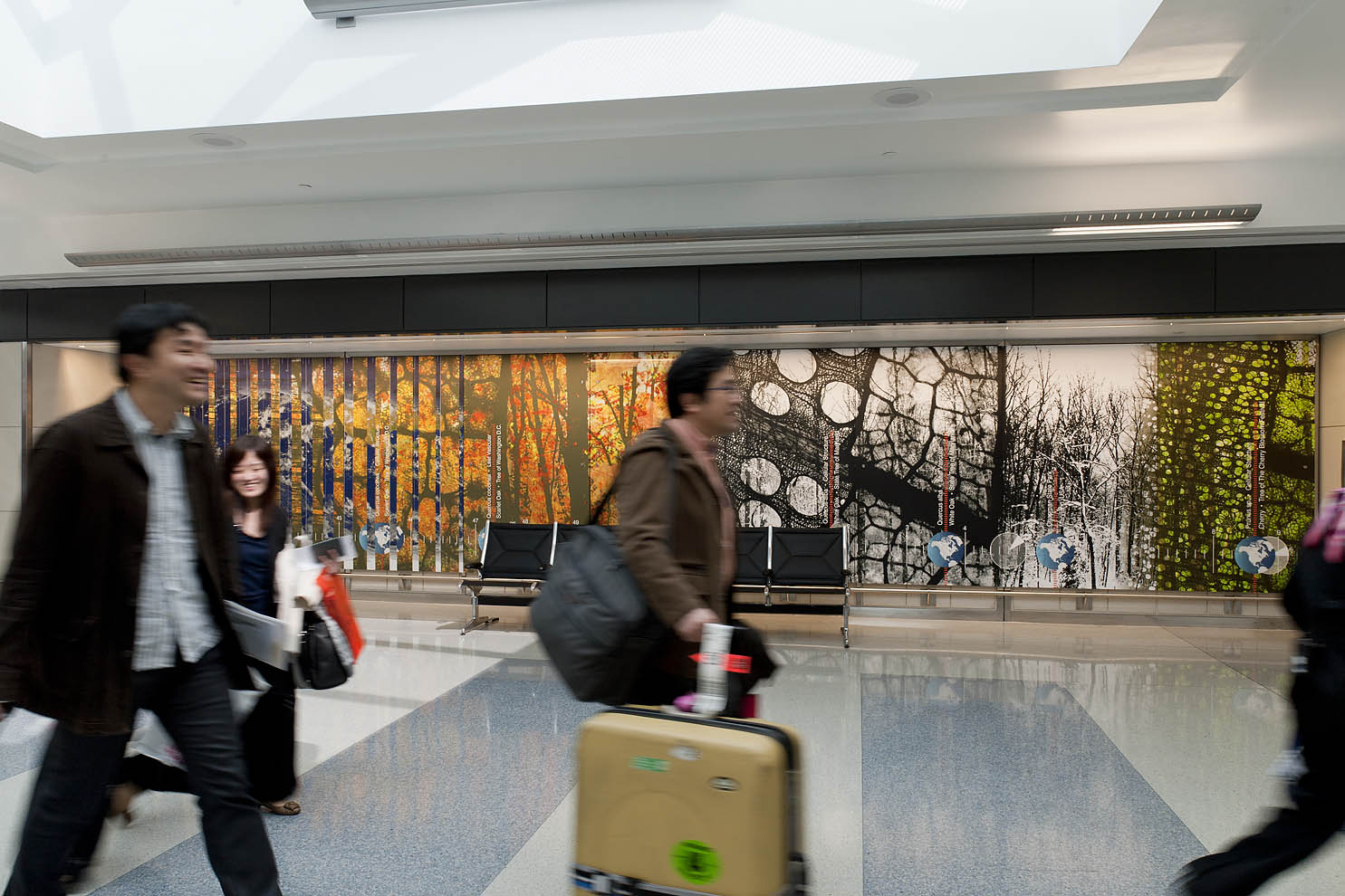 arriving passengers walking past art wall