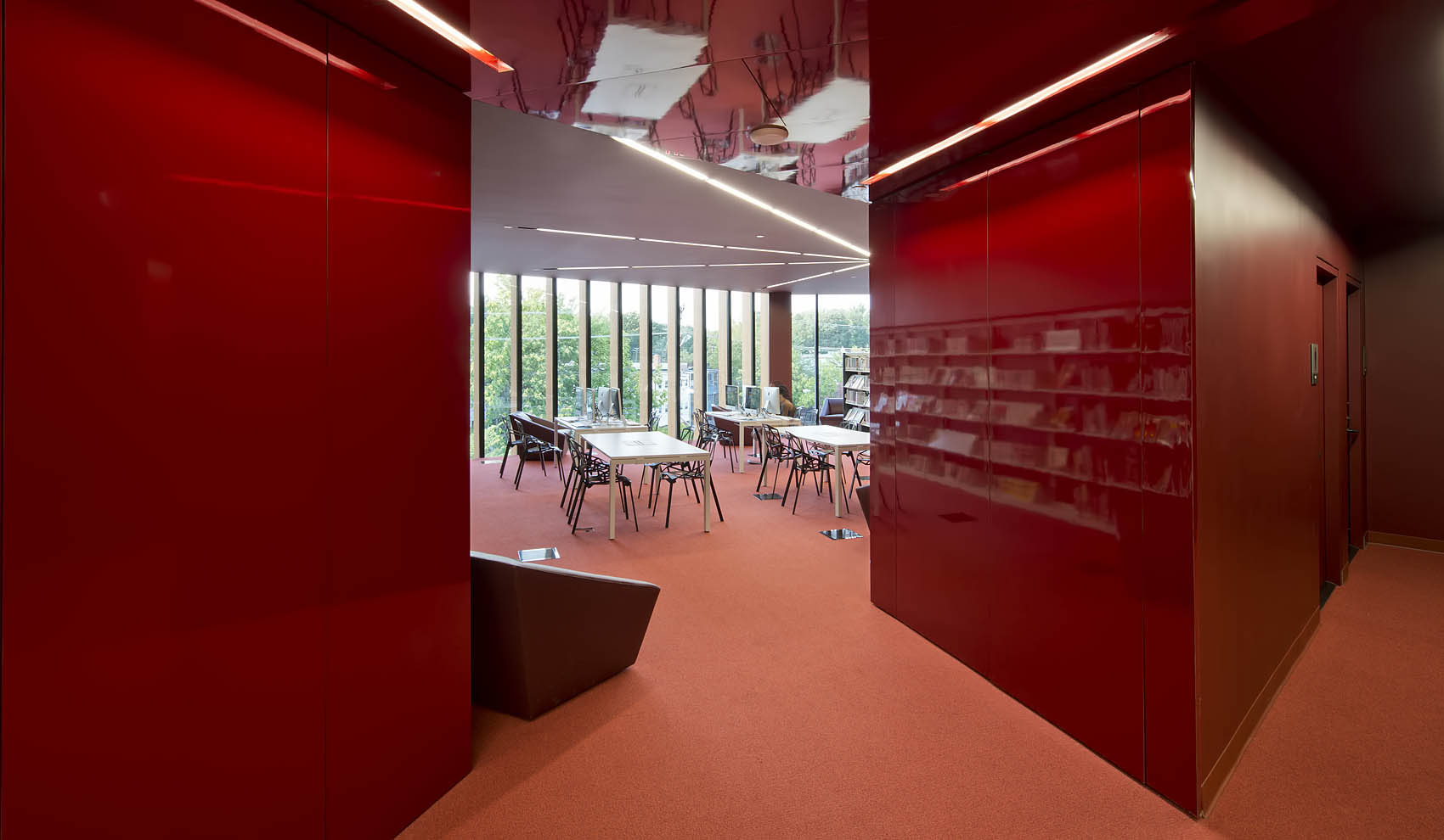 angled red walls lead into study area