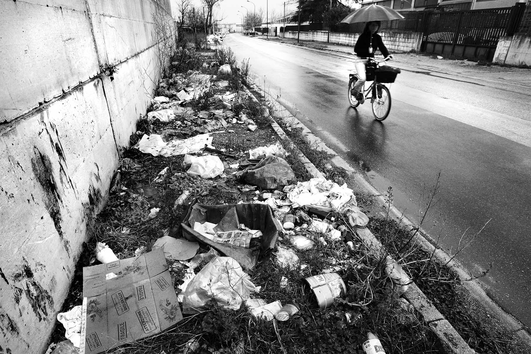 Every stretch of grass along a street in the industrial part of Caserta on the outskirts of Naples is littered with garbage on February 21, 2008.