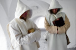 Actors playing Carthusian monks during the first day of the Fiery Carthusia Medieval event in 2007. The original rules of the order were obeyed inside the monastic walls. They wear authentic white clothes.