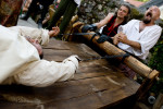 A monk is tortured on a rack during the re-enactment of the Ottoman invasion of the Žiče Carthusian monastery that took place in March 1531. Creative freedom allowed the organizers to make a hidden monastic treasure as the reason for attacking the monastery, and getting the monks to reveal its location the reason for torturing them.