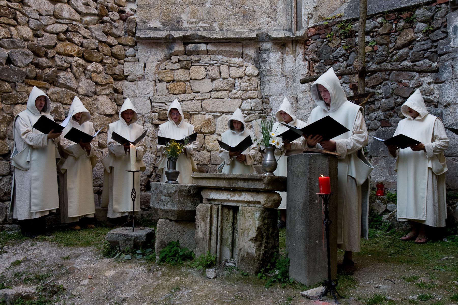 Performers dressed as monks sing chorales written in the Žiče Carthusian Monastery for the first time since they were written in 1280. The high profile cultural performance was a part of a two-day Fiery Carthusia Medieval event in 2007.