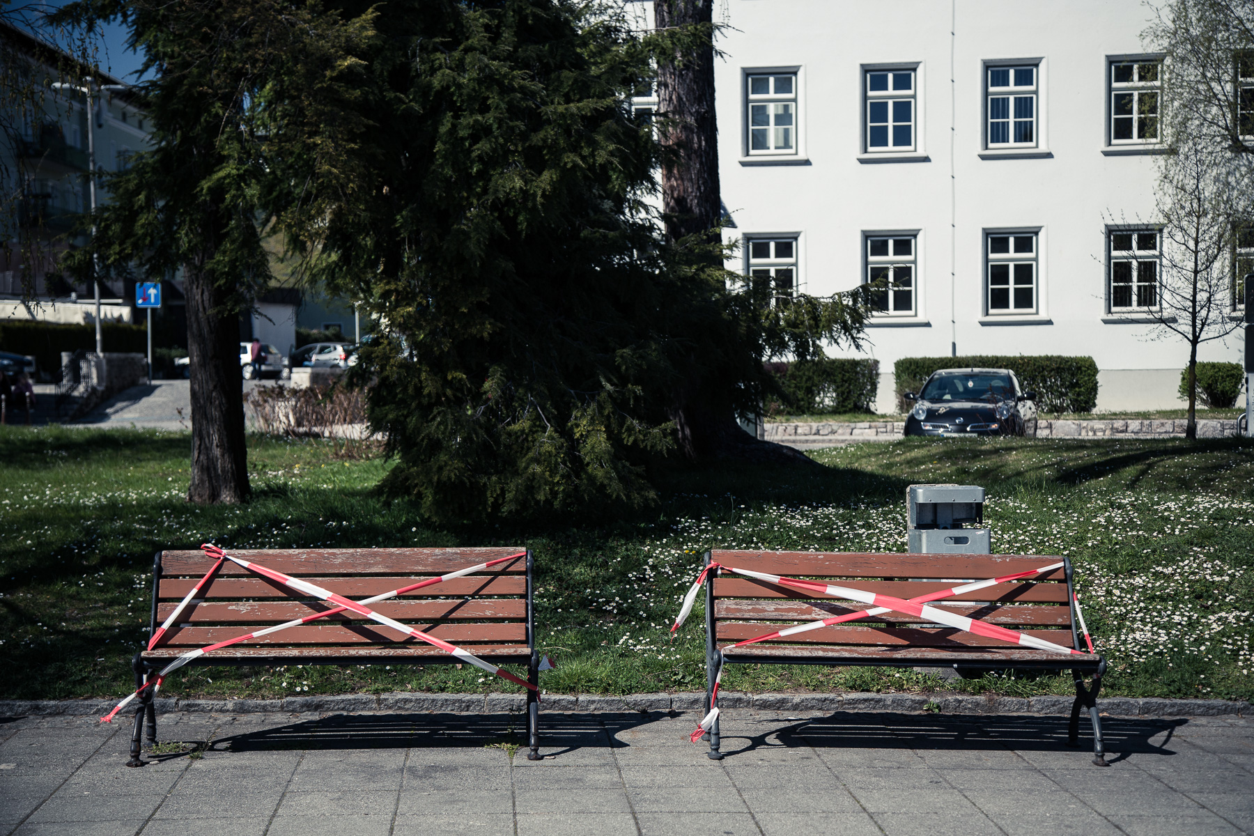 Benches are seen taped over as strict outdoor activities and social distancing measures are implemented in Kranj, Slovenia.
