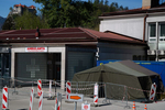 A COVID-19 testing site in front of a medical center in Bled, Slovenia, on April 16, 2020. The small town, known for its world famous tourist attraction, Lake Bled and the Bled Castle (seen in the background) is under strict lockdown and void of tourists after a month of nationwide quarantine.