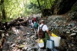 A team of fishkeepers, scientists and fishermen walks up a riverbed through a gorge littered by debree from a devastating flood months before. Monitoring of these streams runs twice a year for two weeks in at least seven difficult gorges.