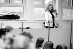 Mary Wilson of the Supremes takes a picture of the audience at her talk at the Šentvid high school in Ljubljana, Slovenia, February 4, 2020.