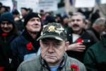 A war veteran wearing a veteran's cap and a carnation protests during a countrywide anti-government protest on December 21, 2012, in Ljubljana, Slovenia.