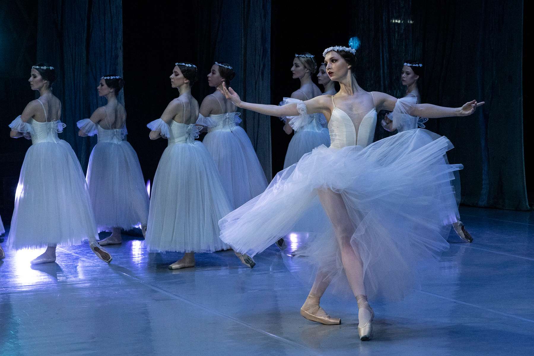 LVIV, UKRAINE - Ballet dancers are seen onstage during the performance of Giselle on June 10, 2022 in Lviv, Ukraine. The Lviv National Opera house started performances last month for both ballet and opera.The bomb shelter can only hold 300 people so tickets are limited incase a siren goes off during the performance. (Photo by Paula Bronstein /Getty Images)