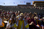 THIMPHU, BHUTAN -NOV 8, 2008: Bhutanese laugh during a game of pillow fighting during the Coronation celebration at the Chang-Lime-Thang stadium November 8, 2008 in Thimphu, Bhutan. His Majesty Jigme Khesar Namgyel Wangchuck, 28, the young Bhutanese king, an Oxford-educated bachelor became the youngest reigning monarch on the planet when he was crowned on November 6th. The tiny Himalayan kingdom, a Buddhist nation of 635,000 people is wedged between China and India.  (Photo by Paula Bronstein/Getty Images) 