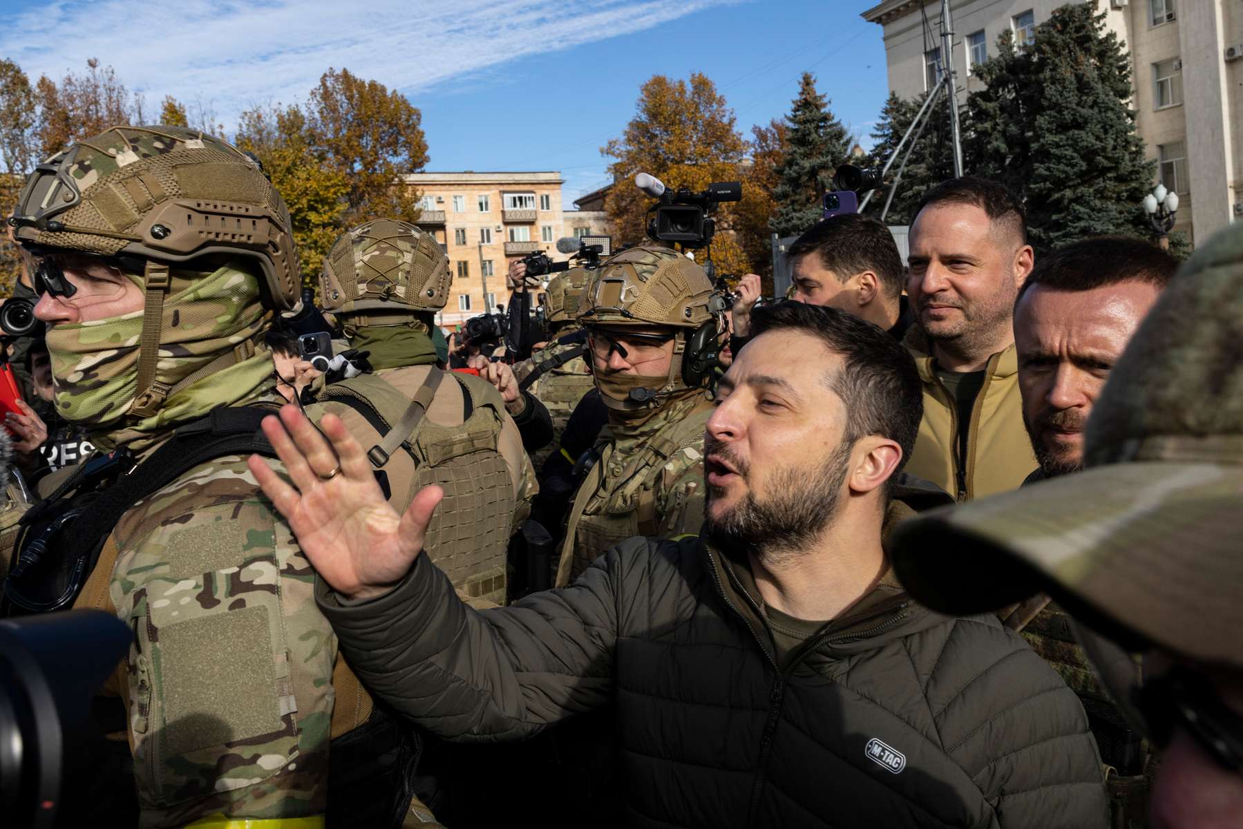 KHERSON, UKRAINE - Ukraine President Volodymyr Zelenksy makes a surprise visit to Kherson on November 14, 2022 in Kherson, Ukraine. Zelensky wanted to offer support to residents of the liberated city occupied by Russian for over 8 months.  (Photo by Paula Bronstein /Getty Images)
