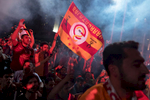Turkey, Istanbul. May 19, 2018. Supporters of Galatasaray gather in the city center to celebrate the championship title in the Turkish Super League. 