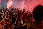 Turkey, Istanbul. May 19, 2018. Supporters of Galatasaray gather in the city center to celebrate the championship title in the Turkish Super League. 