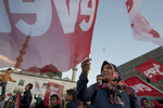 AKP supporters campaign for the Turkish referendum to say 'yes' (evet) on constitutional changes in front of Yeni Mosque in Istanbul, Turkey on April 10, 2017.