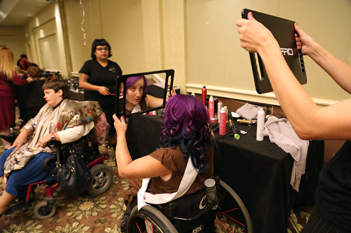 The hair and makeup room, before the gala dinner and the crowning of Ms. Wheelchair America 2015.