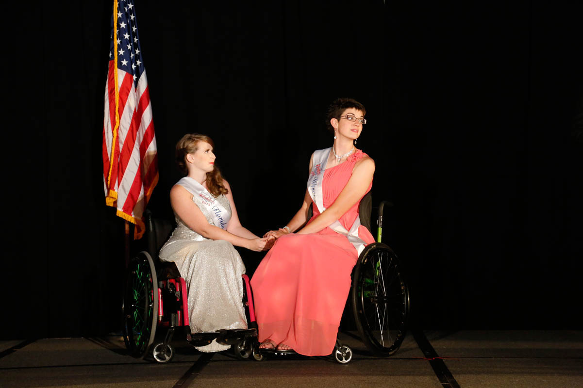 Stephanie Woodward, Ms. Wheelchair Florida 2014, and Sam Schroth, Ms. Wheelchair Wisconsin 2014, wait to find out who will win the title, and who will be first runner-up.