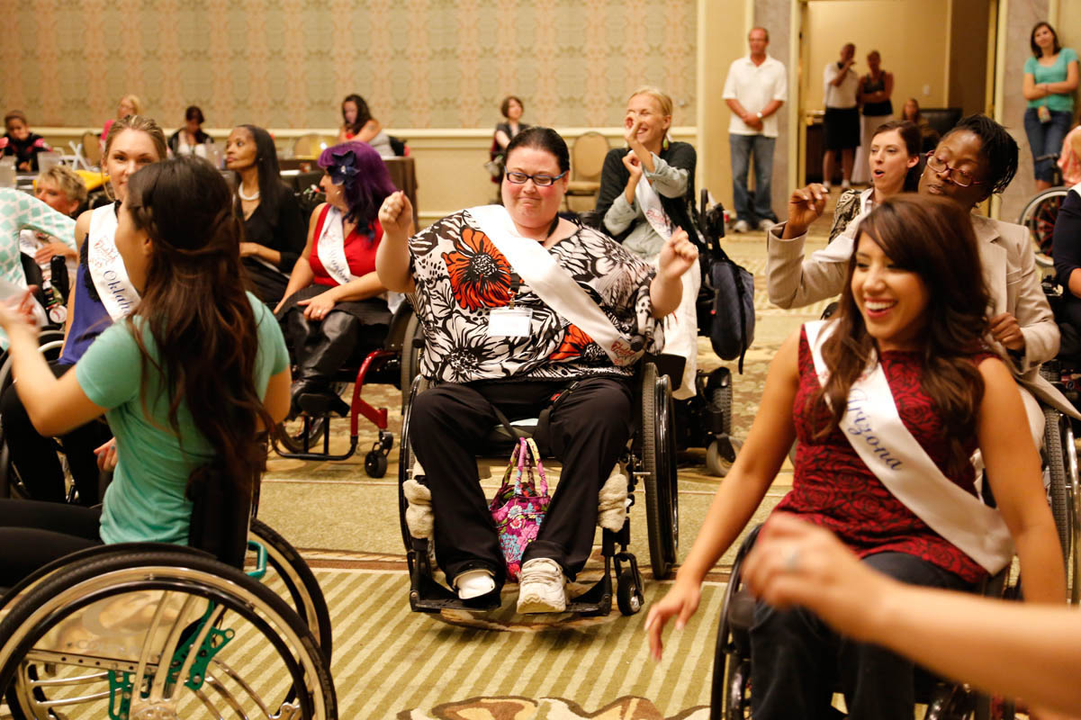 Jennifer Gilliland, Ms Wheelchair Pennsylvannia 2014, and other contestants, at a wheelchair dancing workshop during the week of the pageant.