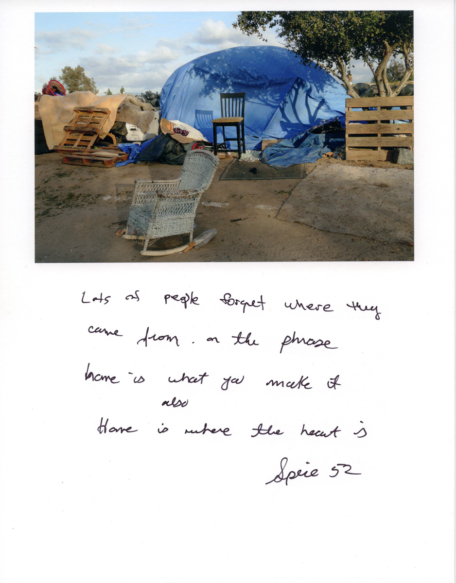 Caption by Spice, a resident of the Santa Ana River Bed homeless encampment.Photo by Sara Terry