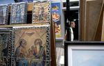Orthodox art work for sale on the streets of Banja Luka, which is the capital of the Serb Republic entity which makes up 49 percent of Bosnia. Muslims were viciously \{quote}cleansed\{quote} during the war, and few have returned to live here since that time. 