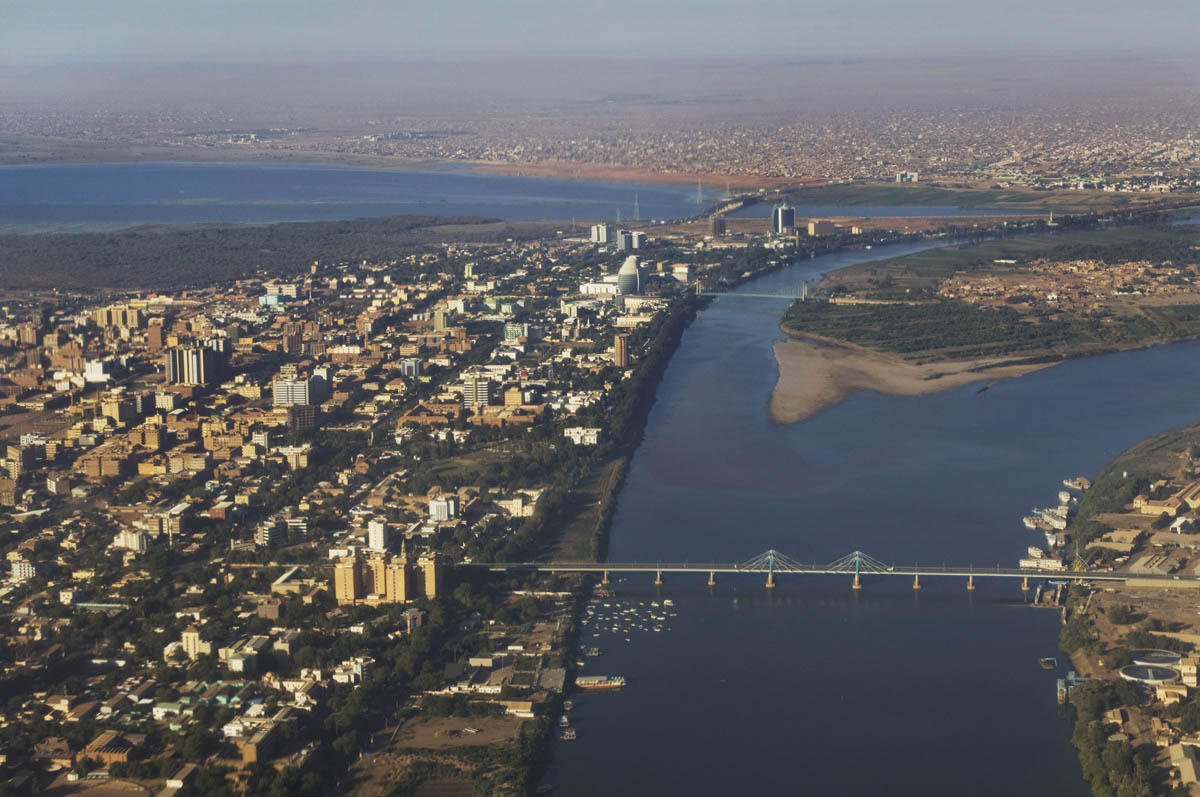 Aerial view of the ‘three towns’ of Khartoum (L), Omdurman (top) and Bahri (R) and the confluence of the White and Blue Niles.  Construction, particularly in Khartoum, has exploded during the CPA period.Khartoum, Khartoum State