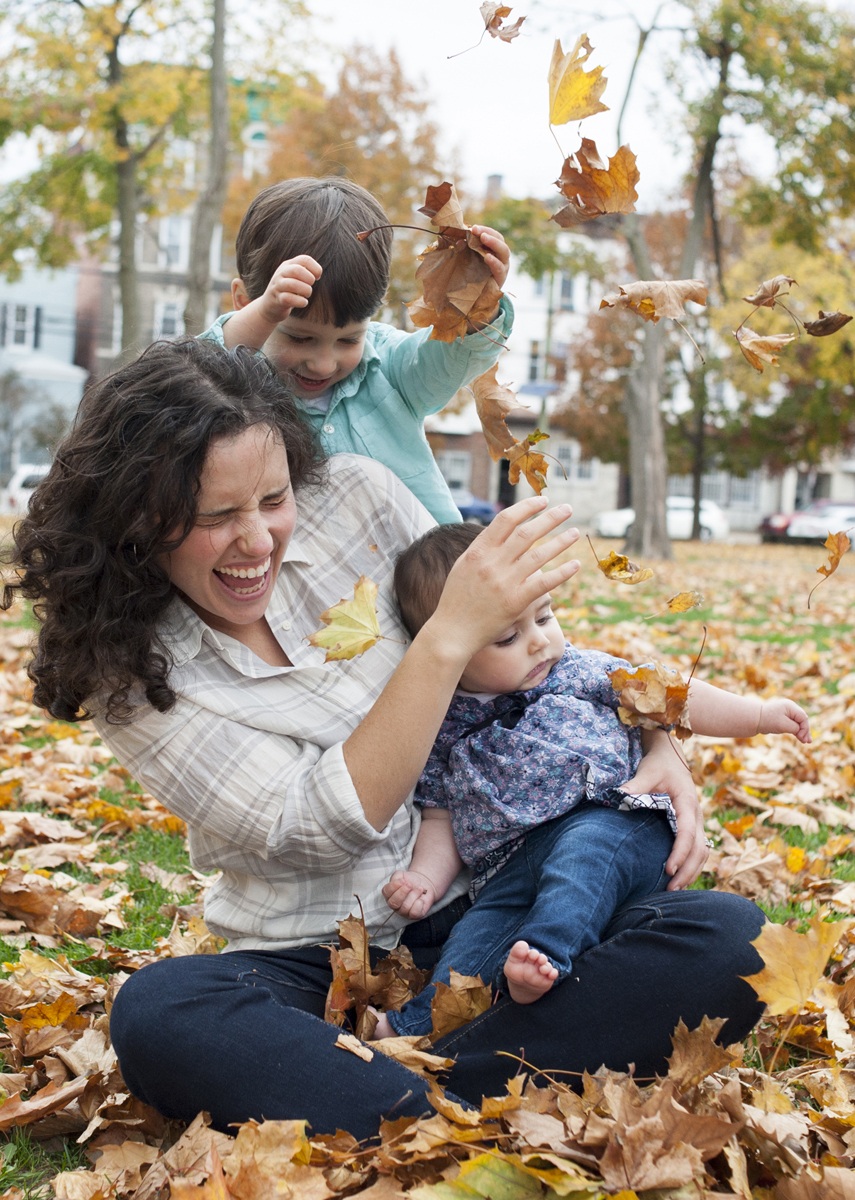 family photos in fall leaves, Jersey City