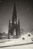 Scott Monument on Princes Street in the snow at night. Edinburgh. 