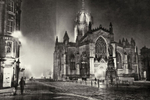 St Giles Cathederal on the royal mile at night in the fog.