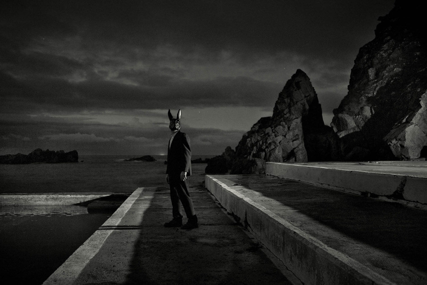man in a suit with a  hare mask by the sea at night