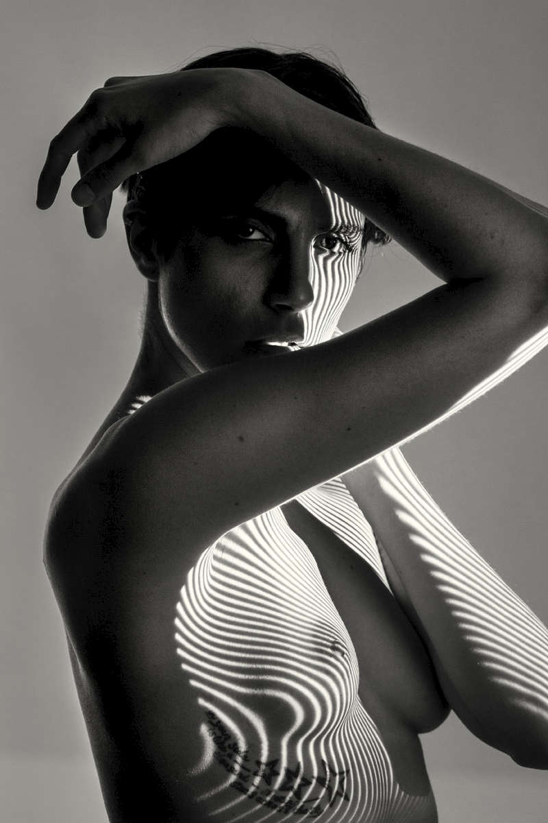 fine art black and white studio female nude, with projected animal stripes