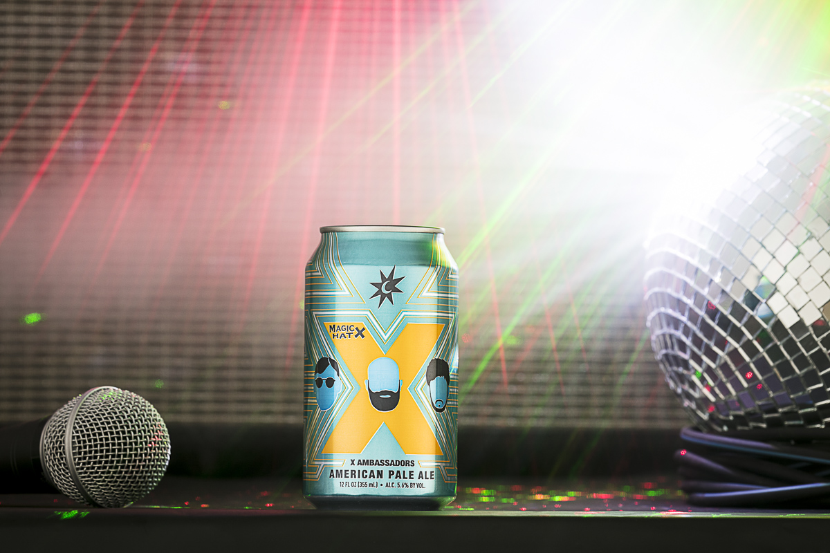 Magic Hat Brewing Company beer X Ambassadors American pale ale can with amp, microphone and disco ball.