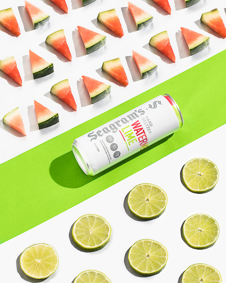 Beverage photography of Seagram's Hard Seltzer product line with fruit and ice. by Vermont photographers at JAM Creative.