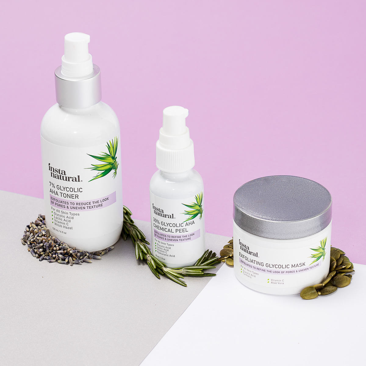 Skin care photography of Glycolic line for Instanatural, by product photographers at JAM Creative