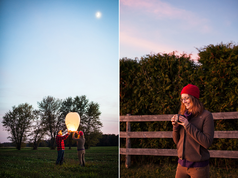 Young woman at sunset in fall and two people releasing a paper lantern in Autumn in new england. by Vermont photographers at Reciprocity Studio, Burlington