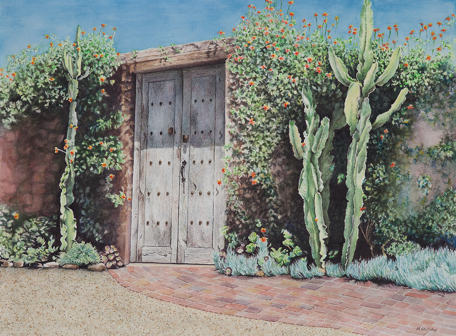 Watercolor by Martha Shilliday of a Southwestern style doorway.