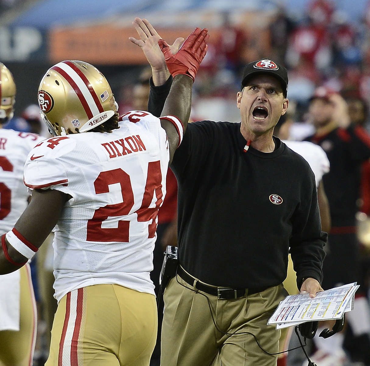 San Francisco 49ers head coach Jim Harbaugh high-fives Anthony Dixon after the 49ers recover a Tennessee Titans fumble for a touchdown in the fourth quarter of an NFL football game on Oct. 20, 2013, in Nashville, Tenn. (AP Photo/  Mark Zaleski)