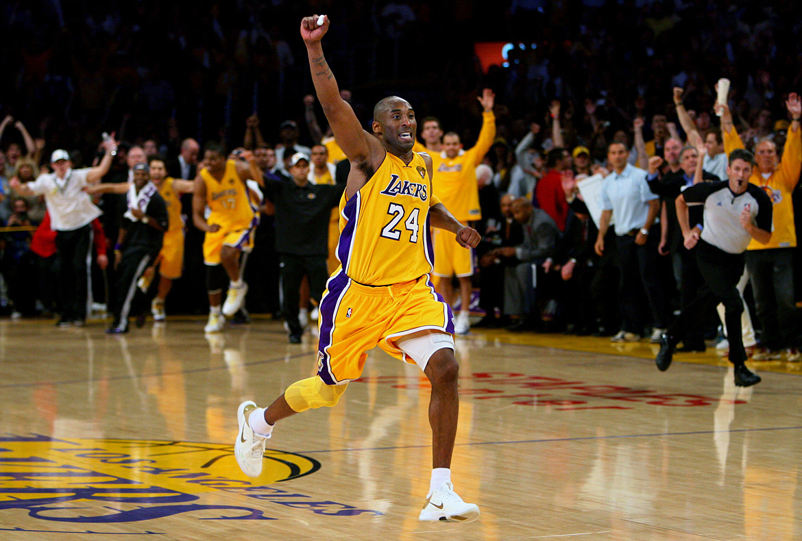 Los Angeles Lakers guard Kobe Bryant celebrates as the Lakers beat the Boston Celtics 83-79 during Game 7 of the NBA basketball finals at the Staples Center in Los Angeles, Calif. (The Press-Enterprise/ Mark Zaleski)